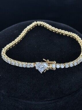 925 Sterling Silver Gold Plated Heart CZ Tennis Bracelet 7.5" Signed GS China